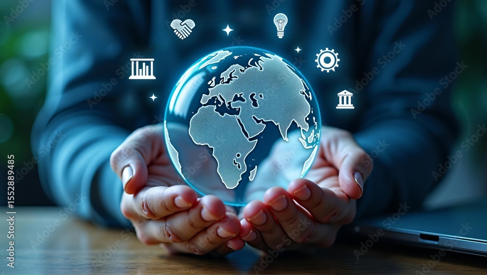Poster global responsibility and sustainable development innovation with digital world map hologram in huma