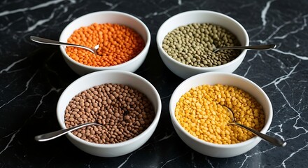 Four bowls of colorful lentils with spoons on a marble background
