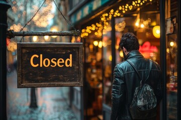 Business retail owner hanging a "Closed" wooden sign board at the entrance door of the shop, signaling the readiness to serve customers., Generative AI