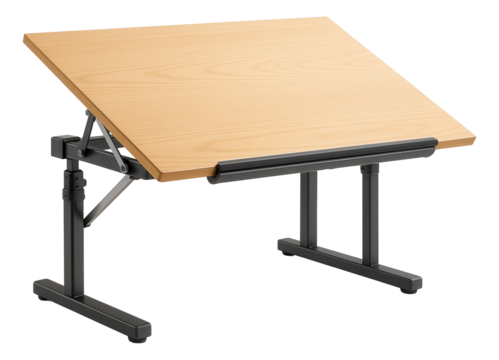 A heavy-duty drafting table with an adjustable angle, suitable for drawing or architectural projects in a hobby room.
