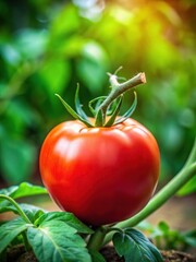 A juicy red tomato with a visible green stem and leaves