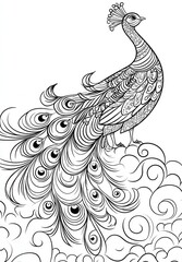 Fototapeta premium Ornate peacock coloring page, intricate design, whimsical clouds, art print