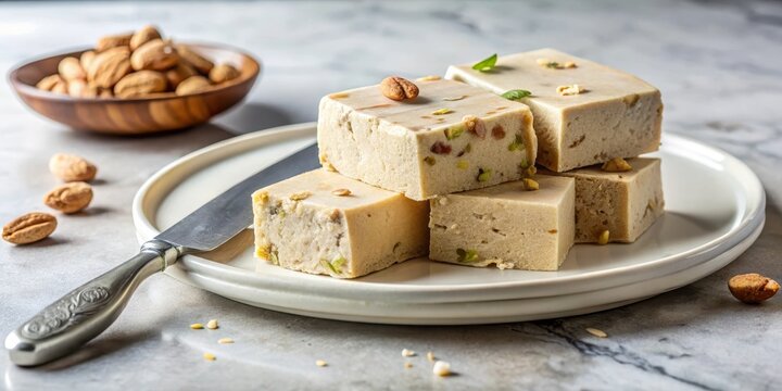 Marble halva on a plate in cut with knife