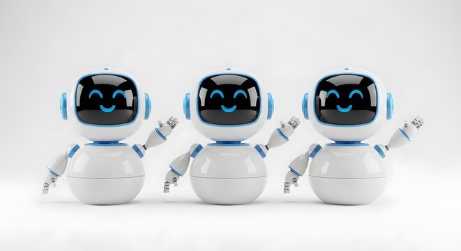 Two white, modern robots interacting or working together