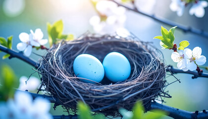 A bird's nest amid cherry blossoms holds eggs, symbolizing spring and new starting.