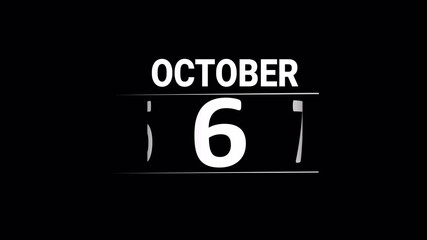 October month Calendar animation video with transparent background. scrolling numbers animated through days by days of the entire month. Calendar animation of october month, New year calendar video.