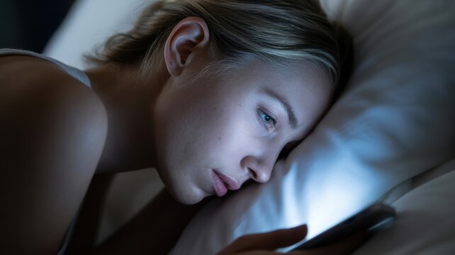 Young caucasian female lying in bed at night using smartphone with intense focus - Powered by Adobe