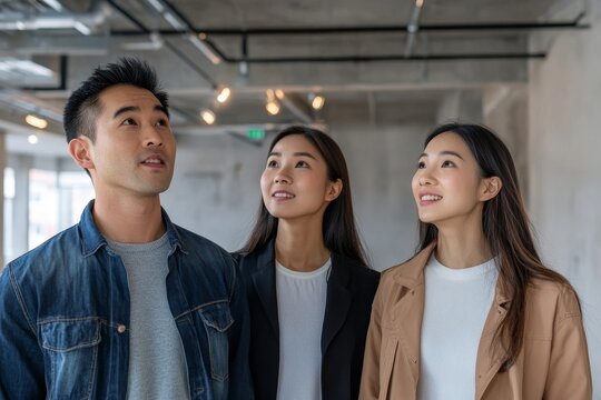 Asian couple exploring vacant rental apartments with a property agent, looking for a new place to relocate., Generative AI - Powered by Adobe