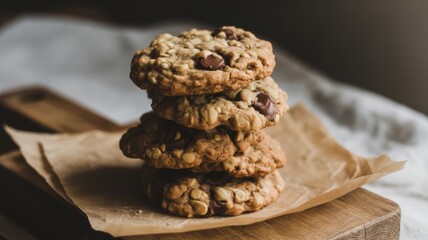 Fototapeta premium Stack of homemade chocolate chip oatmeal cookies on rustic wooden board