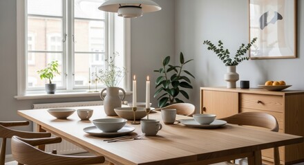 A well-lit dining room with a wooden table set for a meal.