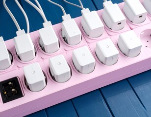White mobile charger plugs full occupied on pink extension power strip