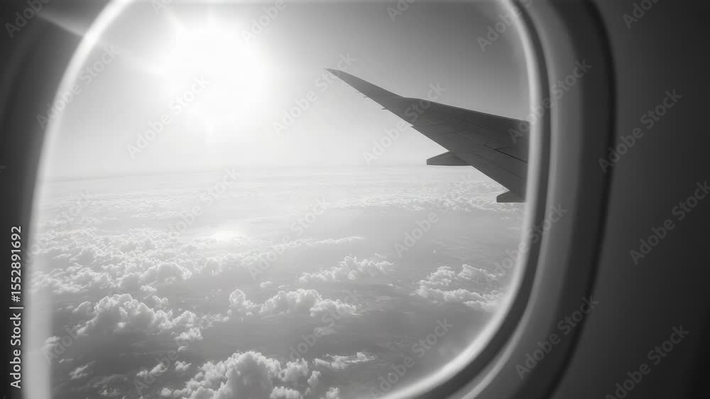 Poster a view of fluffy clouds and blue sky through an airplane window