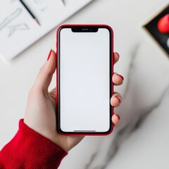 Hand holding red phone with blank screen on marble surface