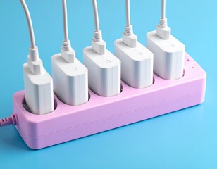 White mobile charger plugs full occupied on pink extension power strip