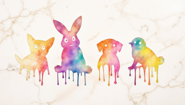 Colorful watercolor silhouettes of pets with drips on marble background  