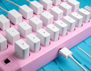 White mobile charger plugs full occupied on pink extension power strip