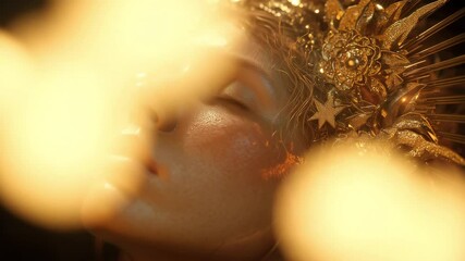 Radiant and ethereal, a woman adorned with a golden crown gazes serenely, evoking divine beauty. Inspired by mythological themes of light and transcendence.