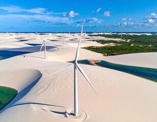 Windmills on the sand dunes of Lencois Maranhenses near Atins, Brazil