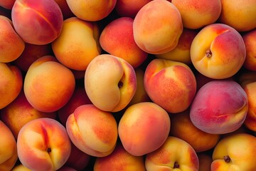 Juicy summer peaches and nectarines in a flat lay composition. Peach background. Healthy food and seasonal fruit. Freshly harvested ripe nectarines and peaches. Summer fruit. Diet. Vegetarian. Fresh