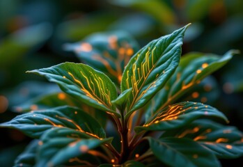 close up of glowing circuit patterns growing organically on plant leaves, symbolizing nature tech symbiosis.
