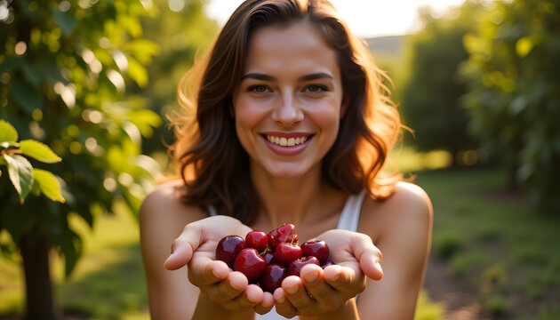 Woman smiling while holding cherries in hands among cherry trees   - Powered by Adobe