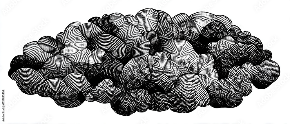 Poster a monochrome illustration of a cluster of rounded forms with line patterns
