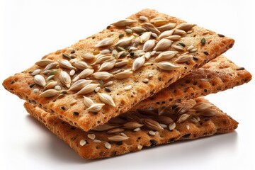 Macro image of rustic grain crackers with visible seeds and rough texture, isolated on a white background