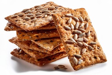 Macro image of rustic grain crackers with visible seeds and rough texture, isolated on a white background