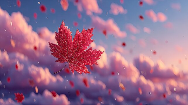 A vibrant red leaf floating in the sky.