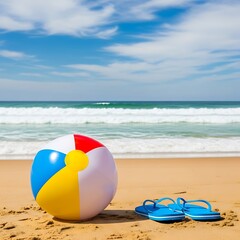 Obraz premium Colorful beach ball and blue flip flops on sandy shore with ocean waves under blue sky