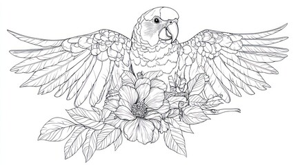Fototapeta premium Parrot with Outspread Wings Perched Amongst Floral Arrangement, White Background