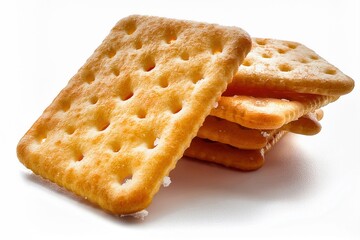 Macro photography of crispy golden crackers with detailed surface texture, salt crystals visible, isolated on a white background
