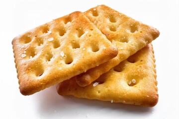 Macro photography of crispy golden crackers with detailed surface texture, salt crystals visible, isolated on a white background
