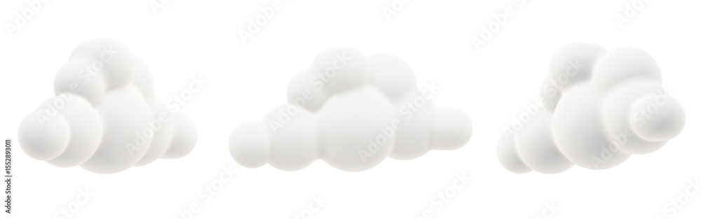Poster a soft 3d cloud icon collection with clean rounded shapes. includes three unique cloud variations wi