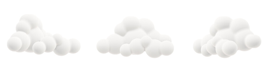 A playful set of 3D cartoon-style clouds with a puffy dynamic look. Each cloud has a unique organic shape and a soft matte texture with gentle highlights.