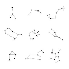 Minimalist vector graphic displaying zodiac constellations, connecting celestial points with dashed lines, revealing astrological symbols against clean white backdrop