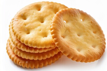 Round buttery crackers arranged in overlapping pattern, visible crisp texture and surface salt, isolated on a white background