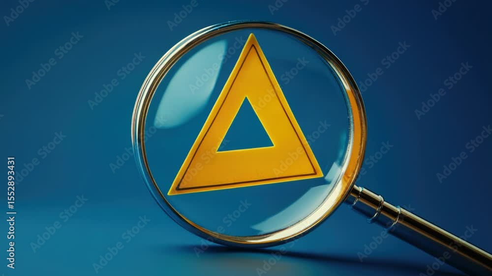 Poster close-up view of a magnifying glass with a yellow triangle, suitable for illustrations, designs and 