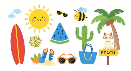 Cute summer beach vacation elements including sun surfboard cat and palm tree