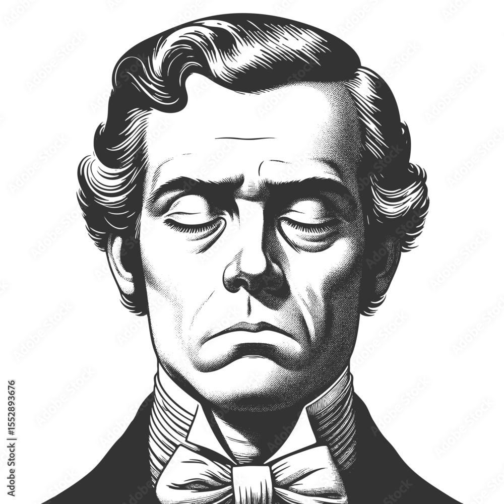 Poster man in formal attire with eyes closed and a calm, introspective facial expression sketch engraving g