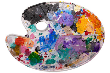 Messy used paint pallet, paint pallet with paint stains