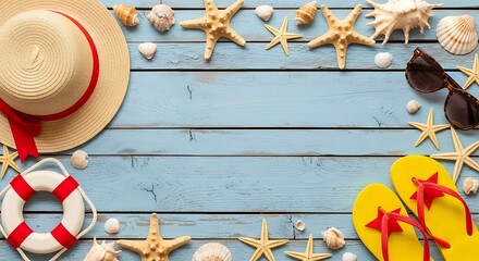 Summer beach vacation essentials including a straw hat sunglasses flip flops and starfish on blue wood