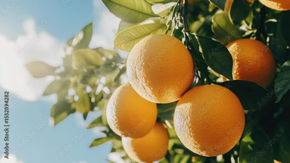 Poster fresh oranges hang from a tree branch, ready to be picked