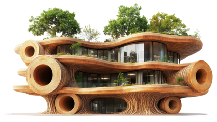 Modern architectural building with design resembling stacked tree rings, featuring circular windows and lush greenery on roof., isolated
