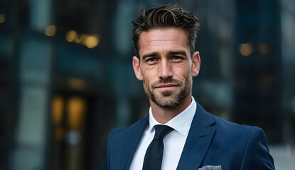 Fototapeta premium A confident businessman in a suit poses outdoors, exuding professionalism and determination in a modern urban setting.