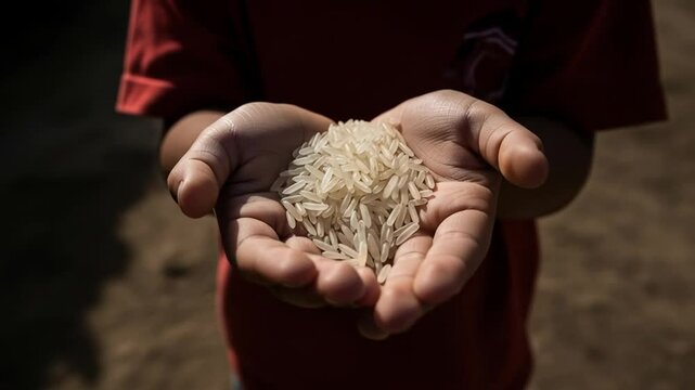 Child's Hands Holding Rice Grains