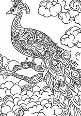 Obraz premium Ornate peacock perched on branch amidst clouds, coloring page