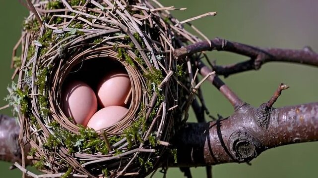 Three Pink Eggs Snugly Nestled in a MossLined Birds Nest on a Tree Branch