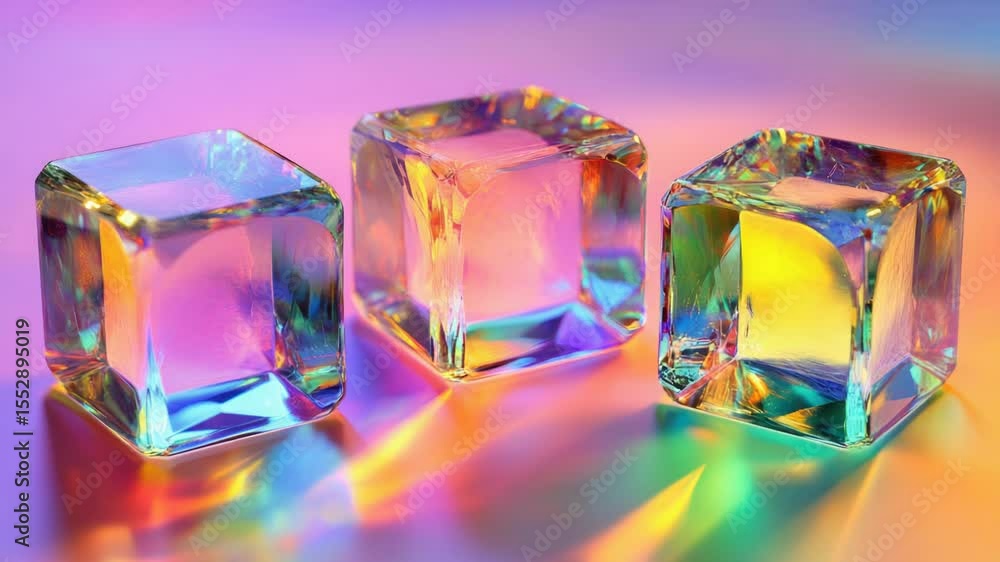 Poster Three transparent ice cubes sit on a table surface, frozen in time