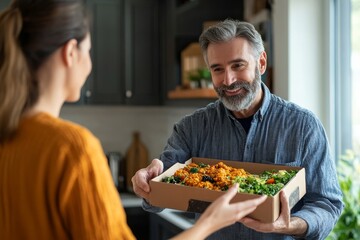 Client receiving a lunch box from a delivery man at home, enjoying a convenient and healthy meal delivery service., Generative AI